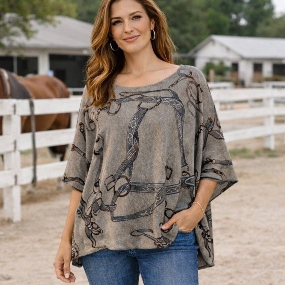 Horse Bit Equestrian Womens Top XL Gray Boxy Poncho Country Western Old Money